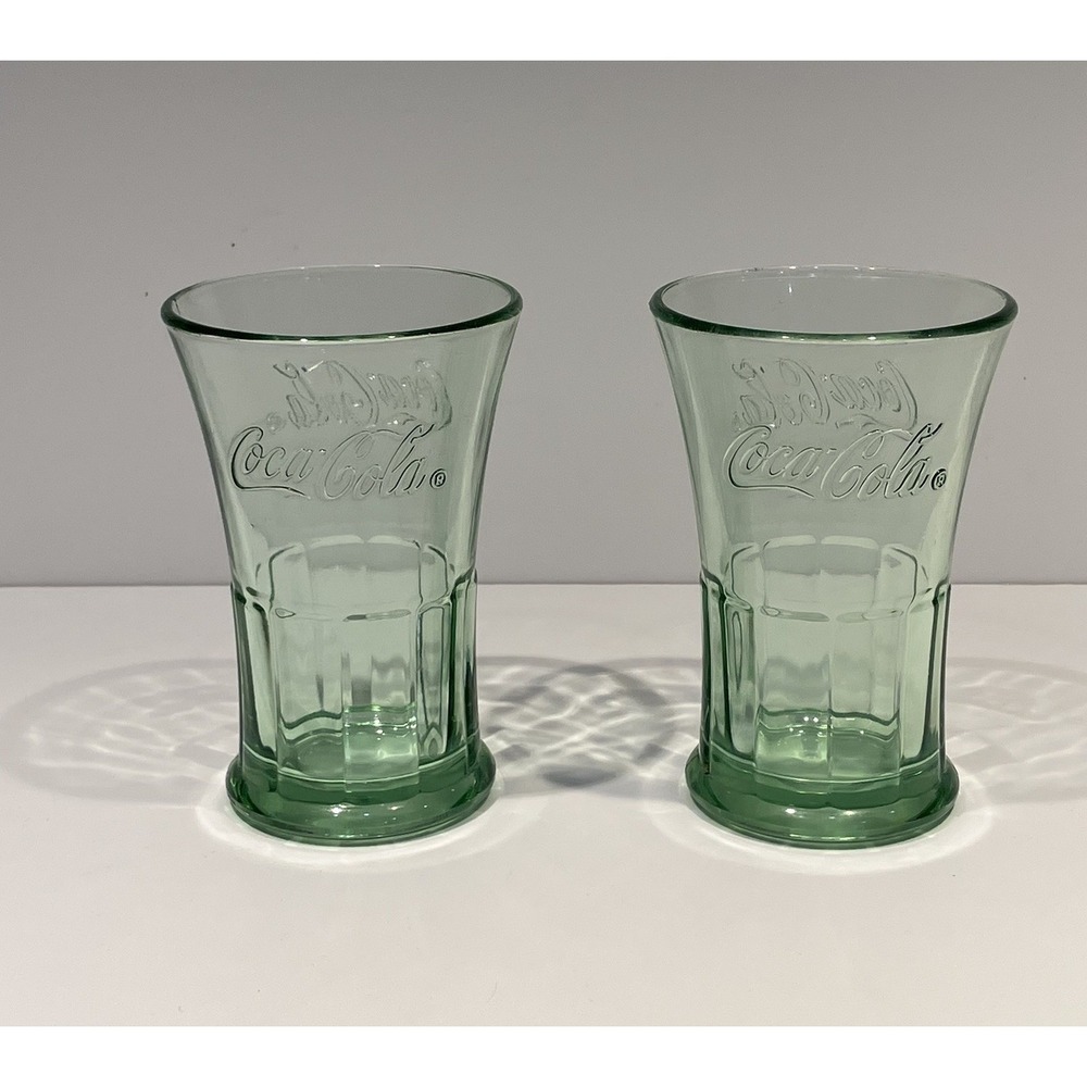 Libbey Heavy Green Flared Coca-Cola Tumbler Set Of 2 Mexico Advertising Vtg